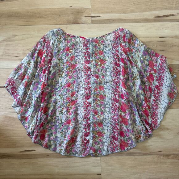 Bellatrix Womens 100% Silk Floral Poncho Top Blouse Sheer Roses Boho Size Medium - Picture 5 of 5